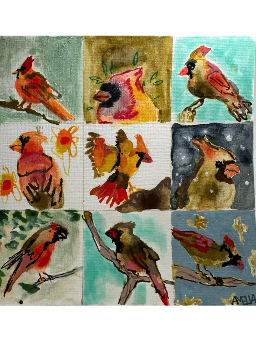 Original Art Painting OOAK Cardinals Bird Art 6" x 6" Wall Home Decor Wildlife